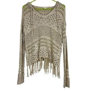 Vintage cream fringe knit sweater with hood